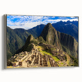 Framed canvas landscape art painting of Machu Picchu in muted earth tones, ideal for adding a historical touch to any room.
