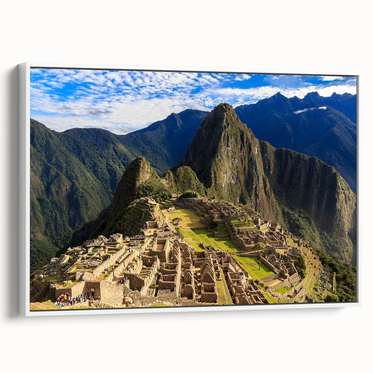 Vintage poster art of Machu Picchu in colorful tones on a large framed canvas, suitable for living room decor.