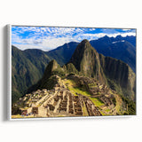 Vintage poster art of Machu Picchu in colorful tones on a large framed canvas, suitable for living room decor.