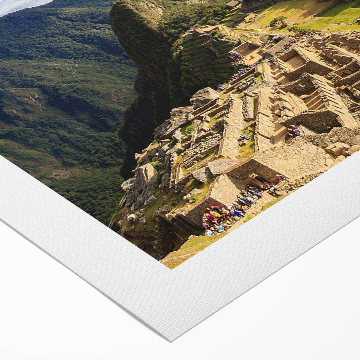 Art deco poster of Machu Picchu in muted earth tones on rolled canvas, ideal for dining room decor.