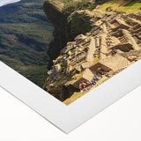 Art deco poster of Machu Picchu in muted earth tones on rolled canvas, ideal for dining room decor.