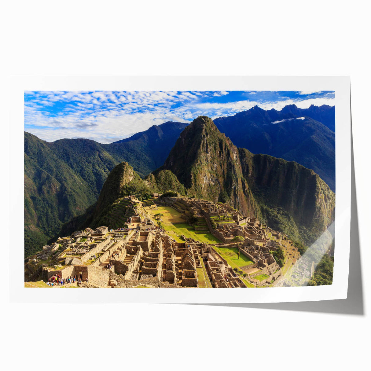 Extra large wall art of Machu Picchu in muted earth tones on rolled canvas, perfect for dining room decor.