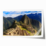 Extra large wall art of Machu Picchu in muted earth tones on rolled canvas, perfect for dining room decor.