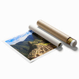 Rolled print of Machu Picchu with lush greenery and mountain backdrop, ideal for classy bathroom wall art.