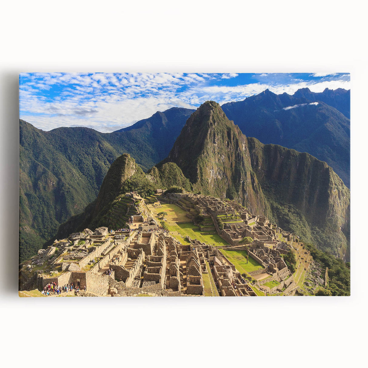 Black and white stretched canvas of Machu Picchu in a minimalist style, ideal for kitchen wall art.
