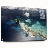 Large abstract wall art depicting a South American scenery in muted green and blue tones, acrylic print.
