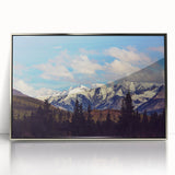 Mid-century modernist art depicting Denali, Alaska in muted earth tones on a framed acrylic print.