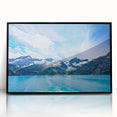 Large abstract wall art depicting an Alaskan landscape in muted gray and blue tones on a framed acrylic print.