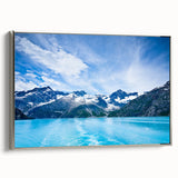 Framed canvas landscape art painting depicting a serene Alaskan scene in muted blues and grays, suitable for office decor.