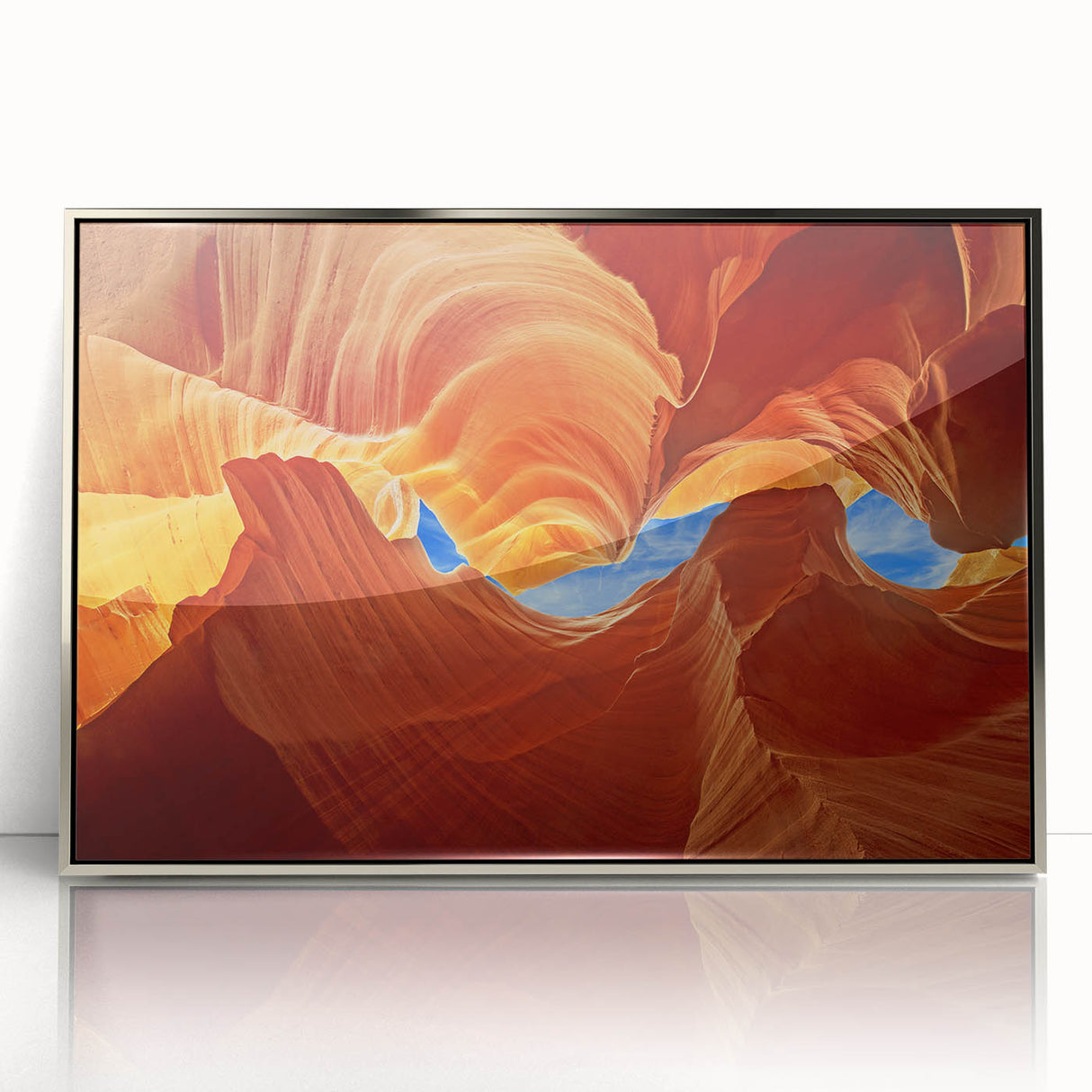 Framed acrylic print of Antelope Canyon in Arizona with warm orange and red tones, ideal for modern art wall decor.
