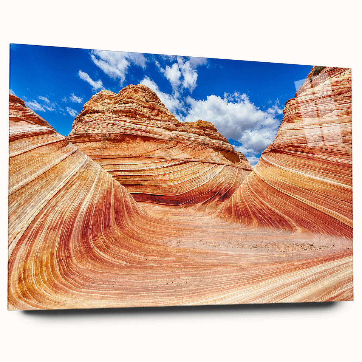 Acrylic print of Coyote Buttes in Arizona, showcasing layered rock formations in earth tones.