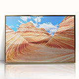 Framed acrylic print of Coyote Buttes in Arizona, showcasing earthy tones and mid-century modernist style.