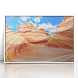 Modern art wall decor depicting Arizona's Coyote Buttes in muted earth tones on a framed acrylic panel.