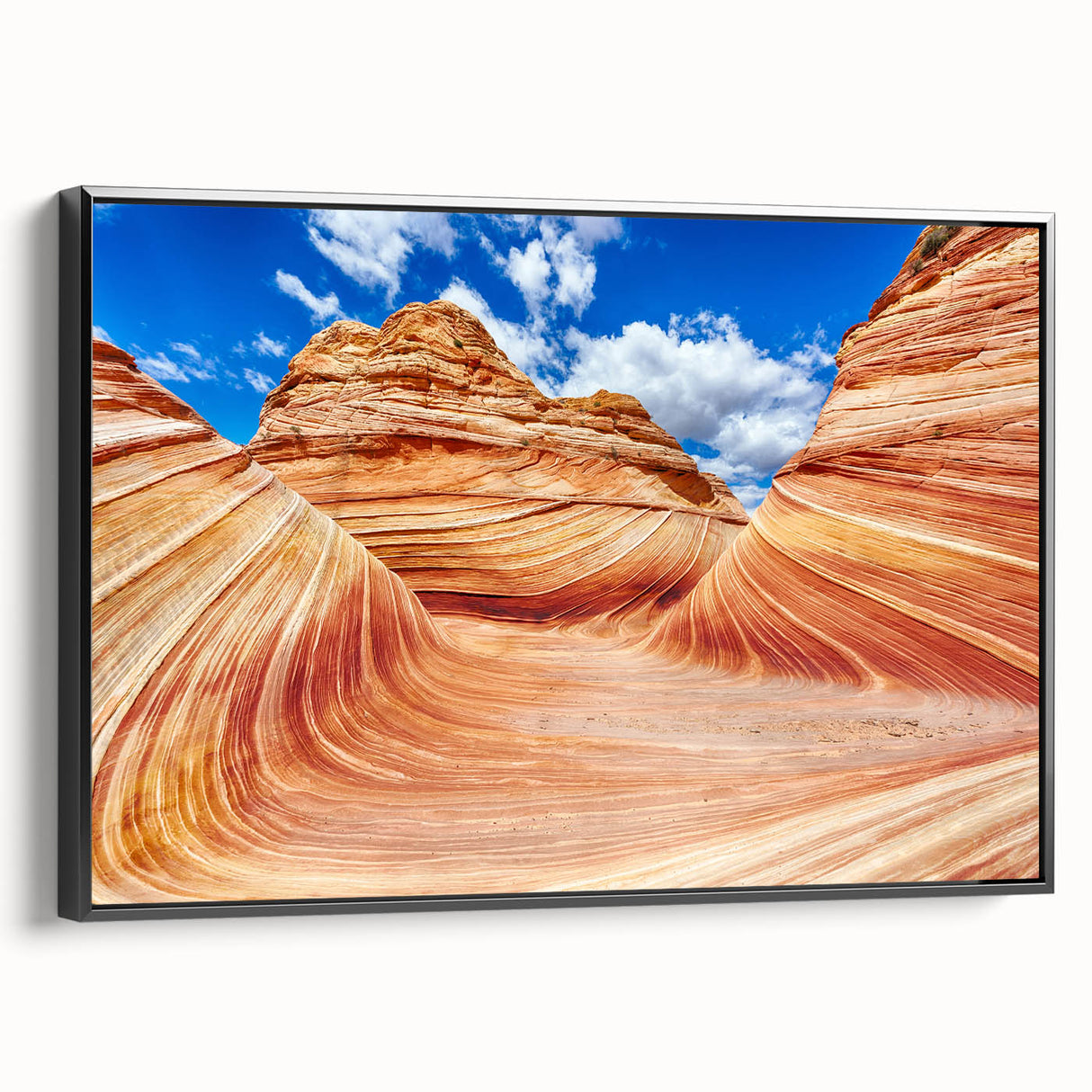 Black and white framed canvas of Arizona's Coyote Buttes landscape, ideal for bedroom wall art.
