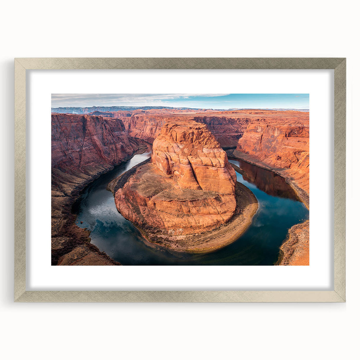 Textured art print of Glen Canyon in muted earth tones on a framed silver mat, suitable for bedroom decor.