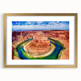Extra large wall art featuring textured abstract print of Arizona's Horseshoe Bend in gold frame.