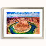 Textured art print of Horseshoe Bend in Arizona, featuring earthy tones on a framed silver mat, ideal for bedroom art.