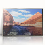 Framed acrylic print of Lake Powell with muted earth tones in a mid-century modernist style.