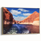 Vintage poster art of Lake Powell on a framed canvas in black and gold, ideal for bedroom wall decor.