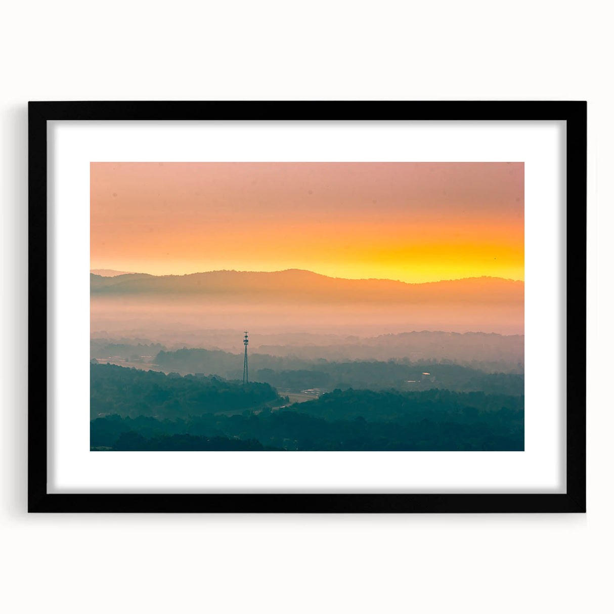Extra large abstract art print featuring vibrant, colorful textured scenery of Arkansas, framed in black.