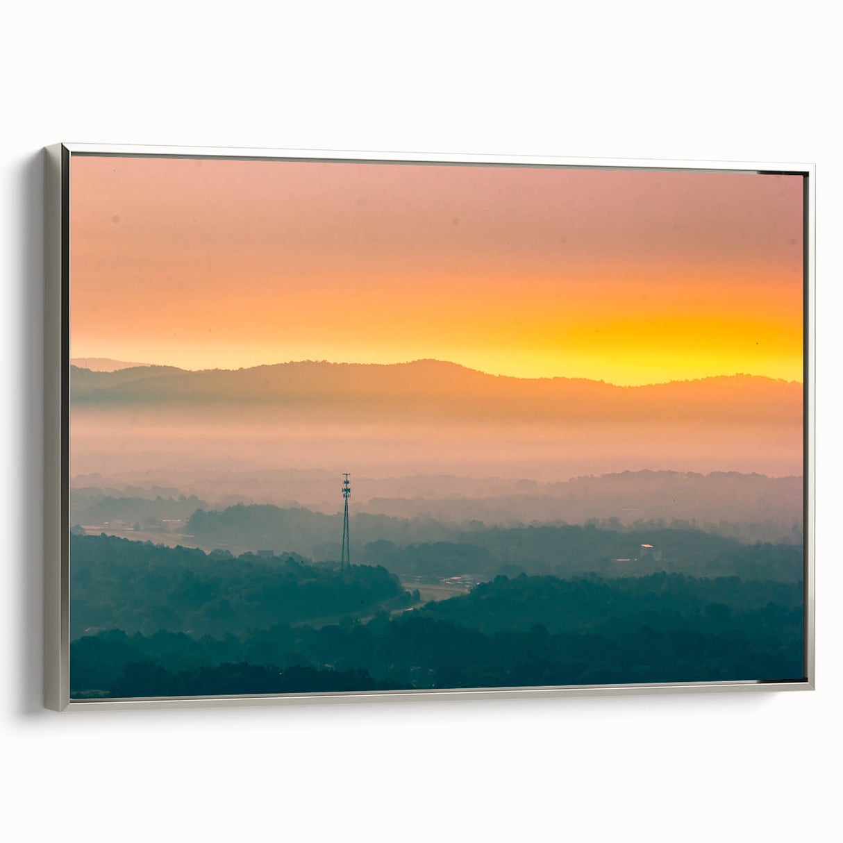 Framed canvas depicting a vintage-style Arkansas landscape with colorful art elements, ideal for living room decor.