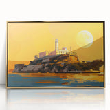 Acrylic print of Alcatraz in golden hues, framed, ideal for modern art wall decor.