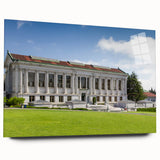 Large abstract wall art print of Berkeley scenery in muted green and blue tones on acrylic glass.