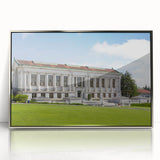 Mid-century modernist art of Berkeley landscape in muted earth tones, framed acrylic, ideal for nursery wall decor.
