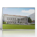 Art deco poster of Berkeley, California in muted blue and white tones, acrylic framed print.