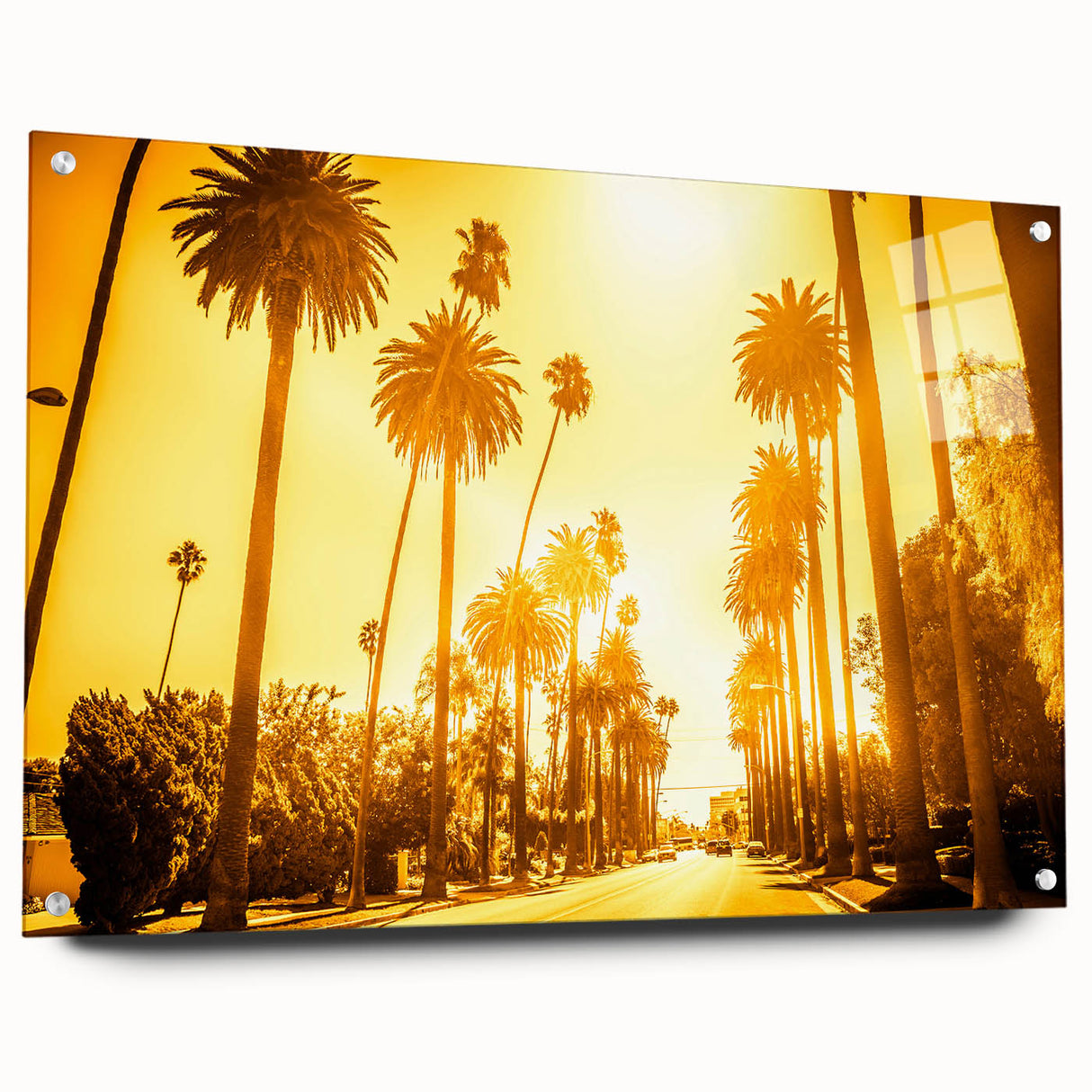 Acrylic print of Beverly Hills scenery in muted earth tones, ideal for dining room or bedroom decor.