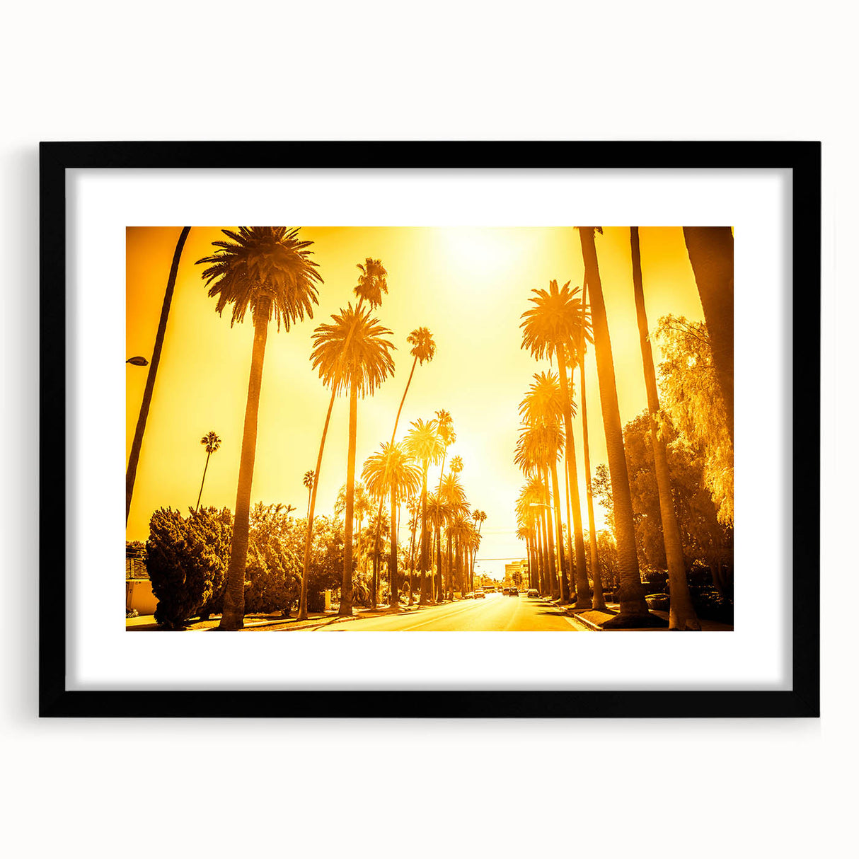 Extra large abstract art print of Beverly Hills with vibrant, colorful textures on a framed black canvas.