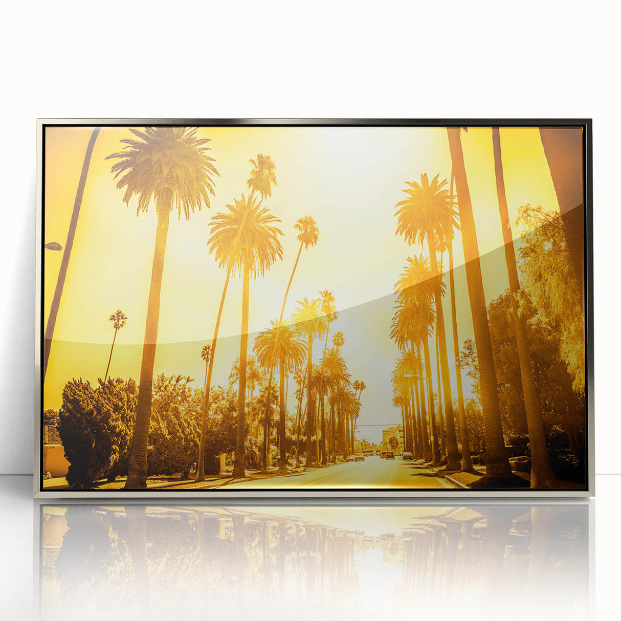 Mid-century modernist art depicting Beverly Hills scenery in silver-framed acrylic, ideal for nursery wall art.