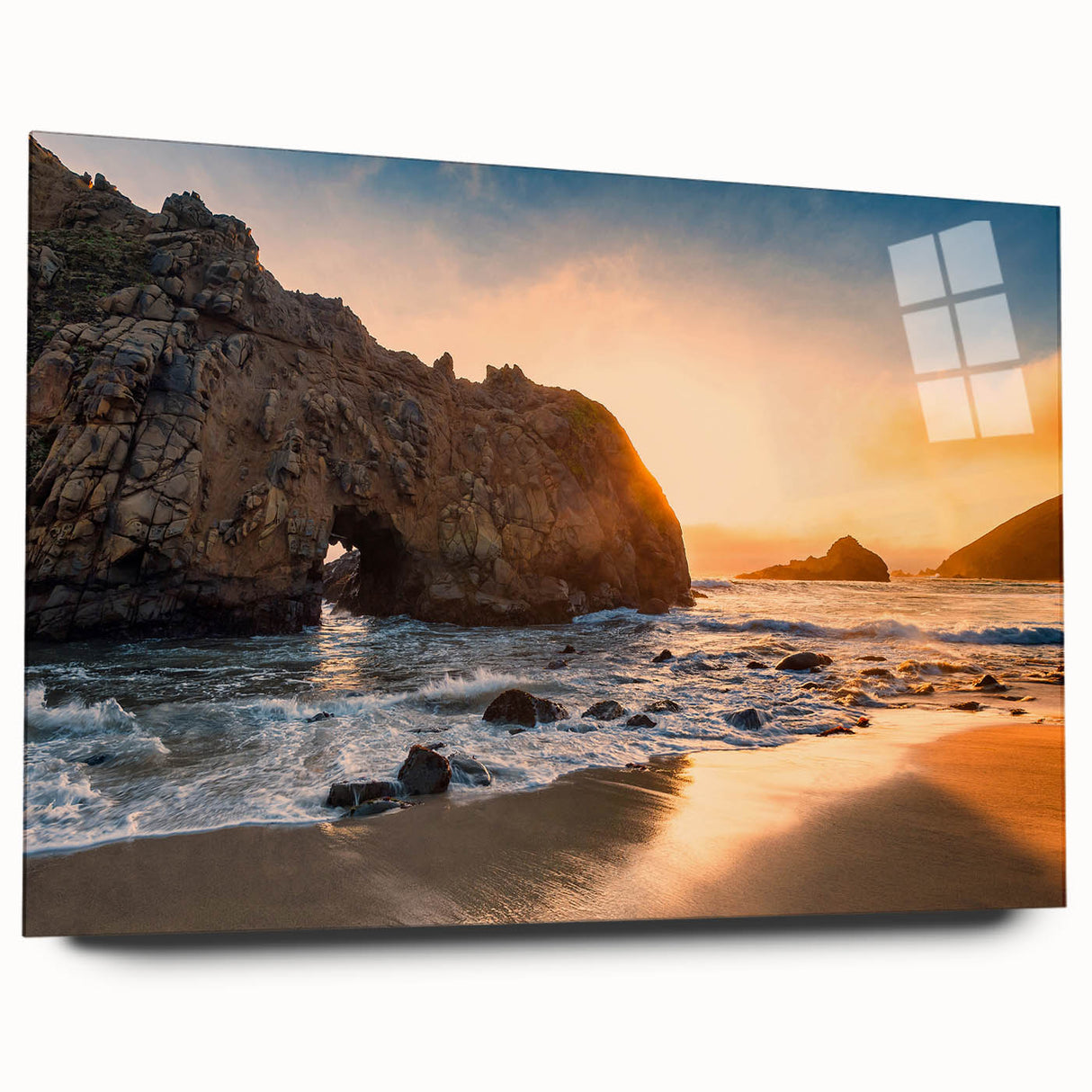 Acrylic print of Big Sur coastline with muted blue and green hues, suitable for bedroom or dining room art.