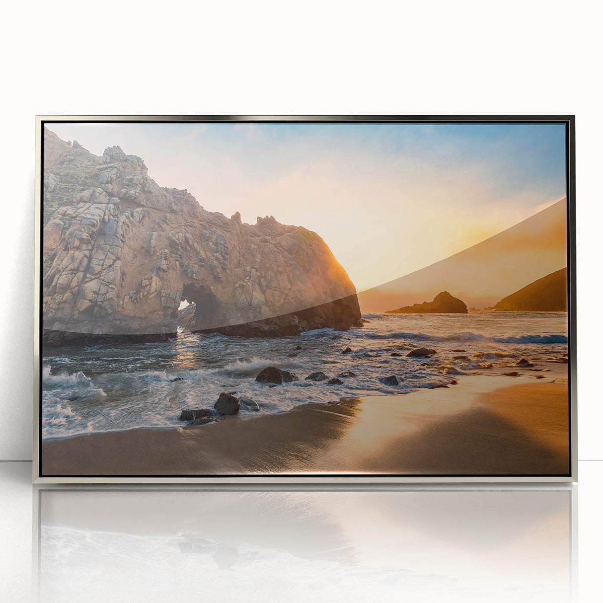 Mid-century modernist art of California's Big Sur coastline in muted blue and gray tones on a silver-framed acrylic print.