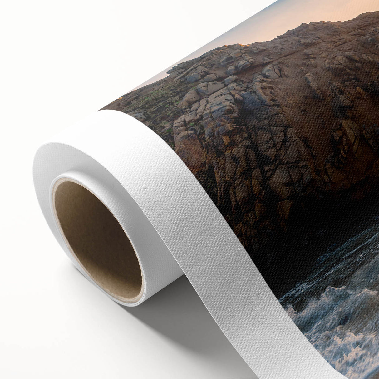 Art deco poster of California's Big Sur in muted earth tones on rolled canvas, ideal for nursery wall art.