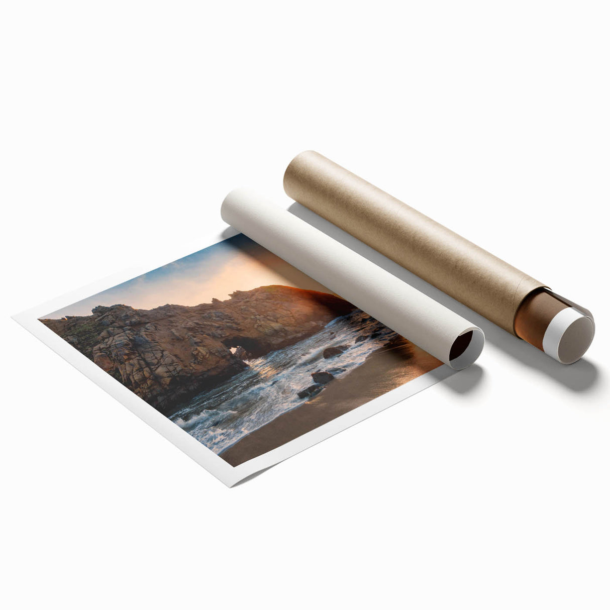 Extra large rolled print of Big Sur coastline with vibrant blue ocean and lush greenery, ideal for classy bathroom wall art.