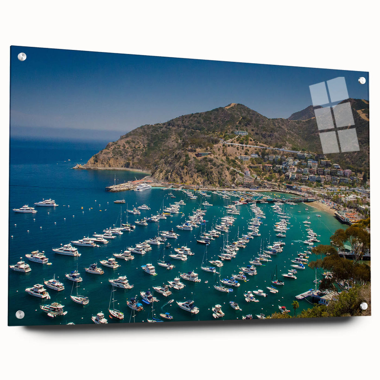 Acrylic print of a large abstract depiction of Catalina, USA, in muted blue and green tones.