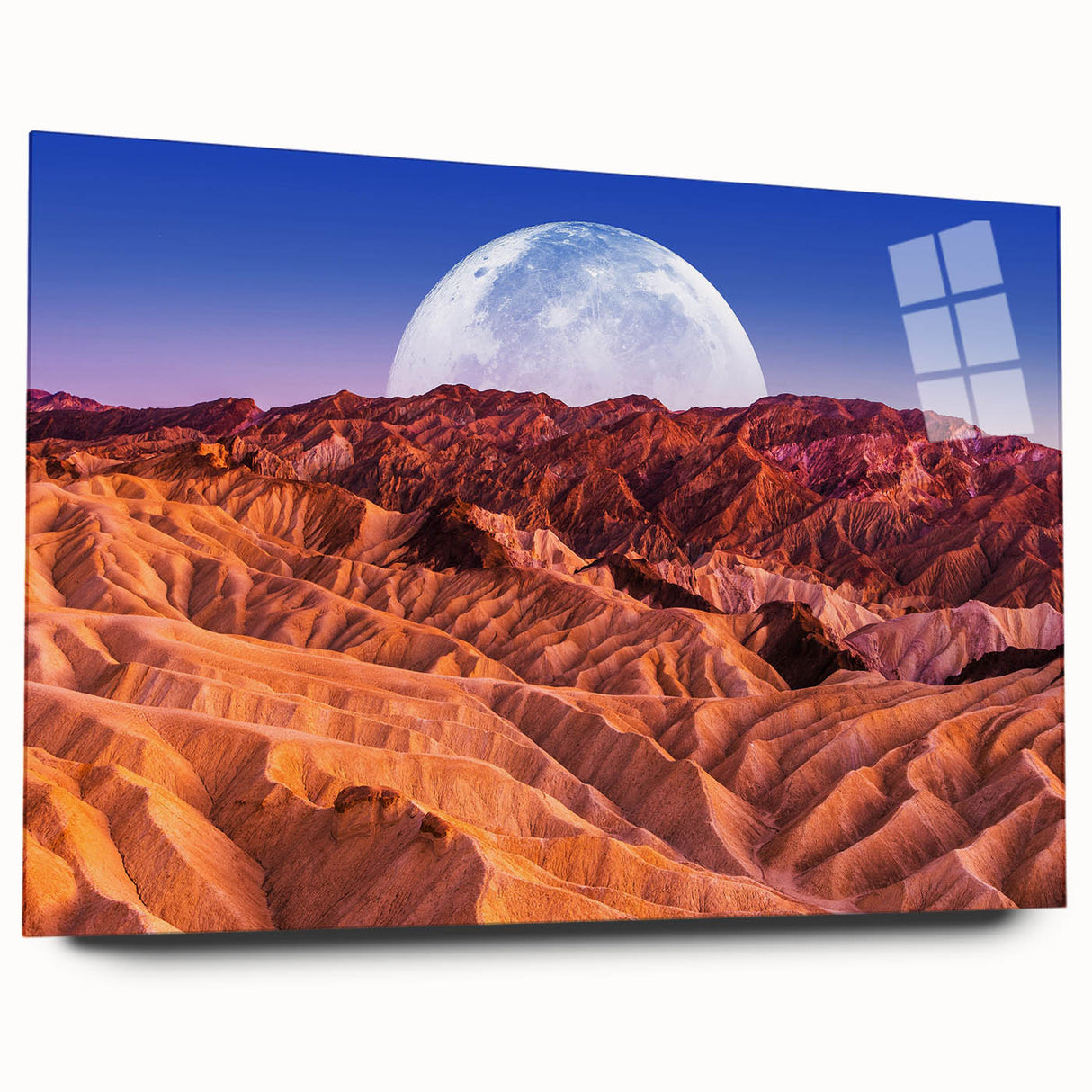 Large abstract wall art of Death Valley landscape in muted earth tones on acrylic glass.