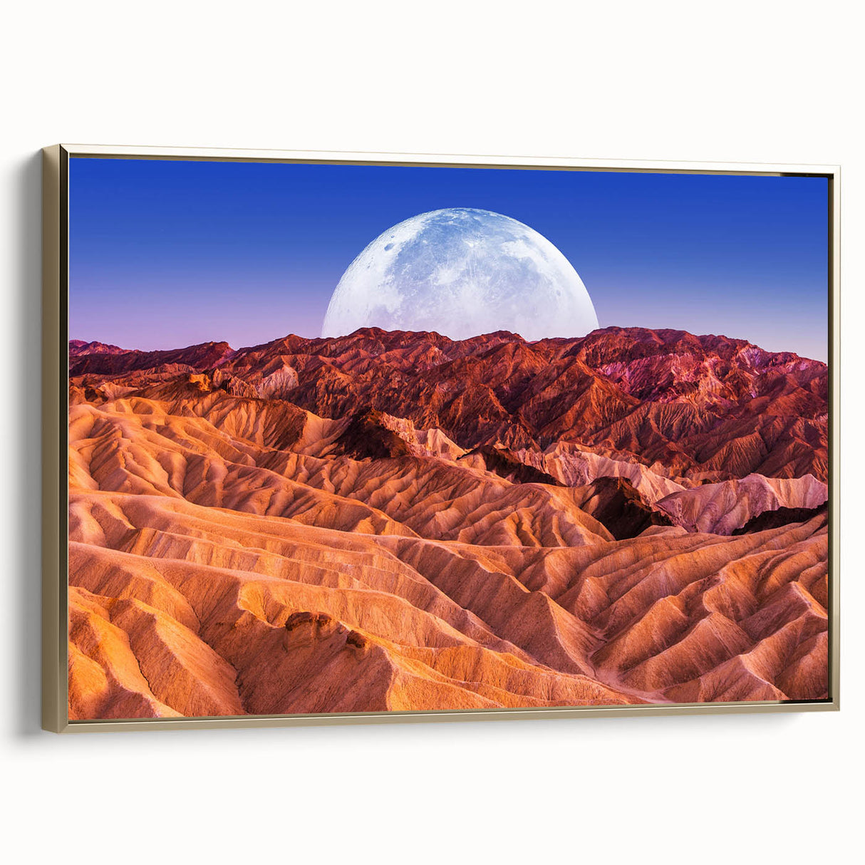 Framed canvas featuring a vintage-style landscape of Death Valley in muted gold and black tones, suitable for bedroom decor.