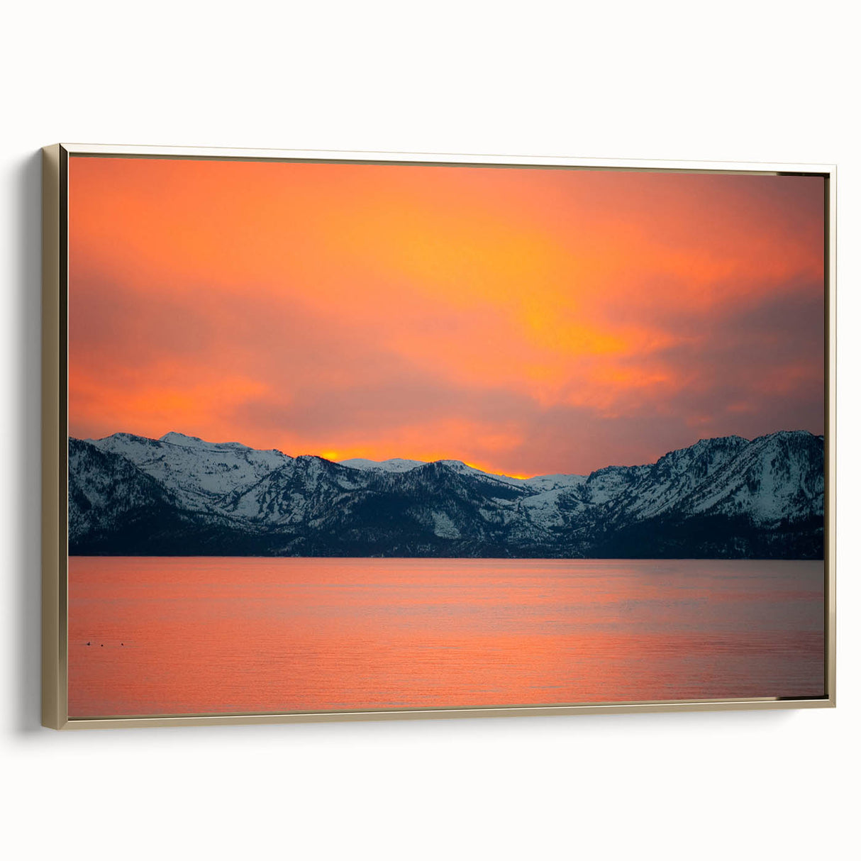 Vintage poster art of Lake Tahoe in colorful hues on a large framed canvas, ideal for living room decor.