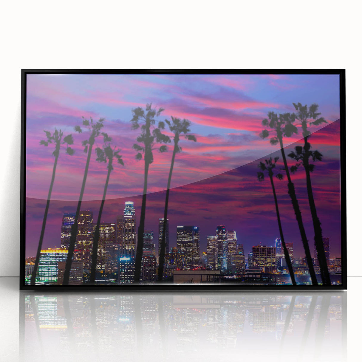 Large abstract wall art depicting the Los Angeles skyline in muted gray and blue tones on a framed acrylic print.