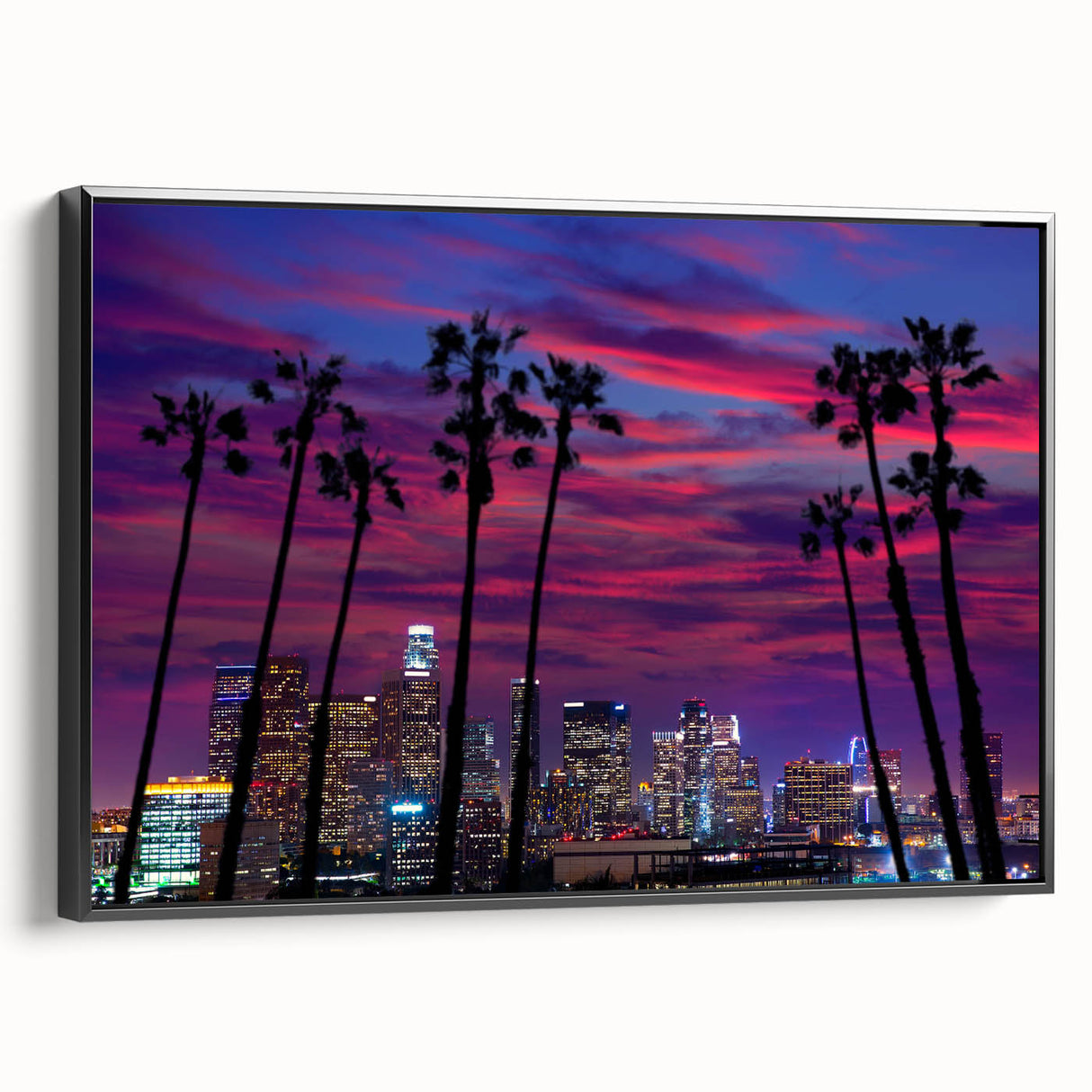 Framed canvas of a black and white Los Angeles landscape, ideal for bedroom wall decor.