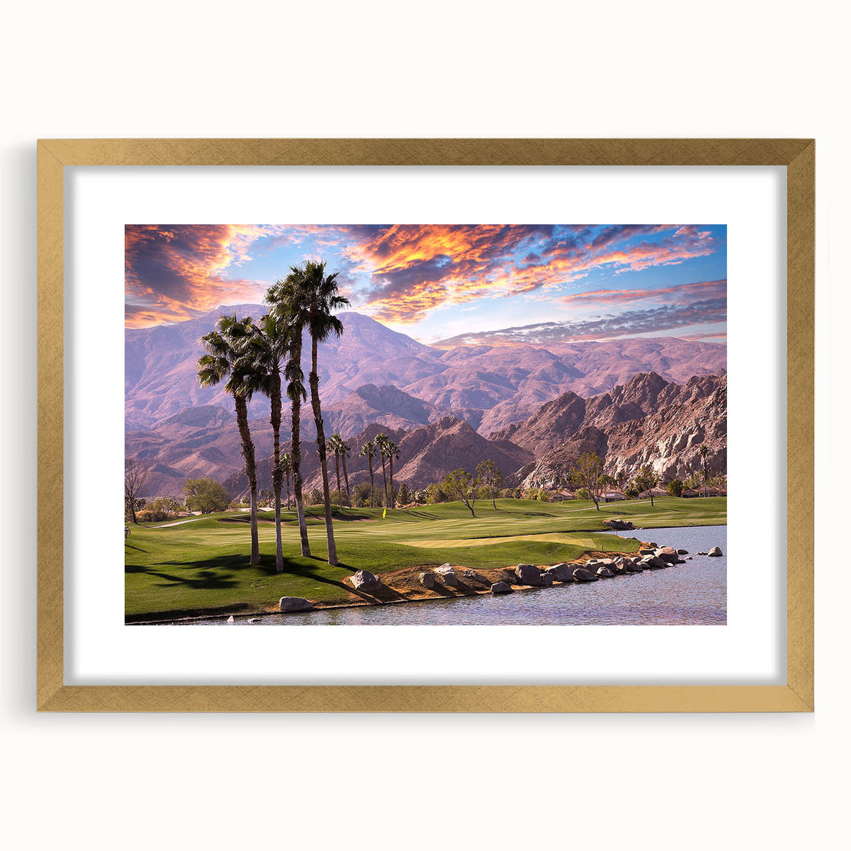 Extra large abstract art print featuring textured palm trees in gold and beige tones, framed with a mat.