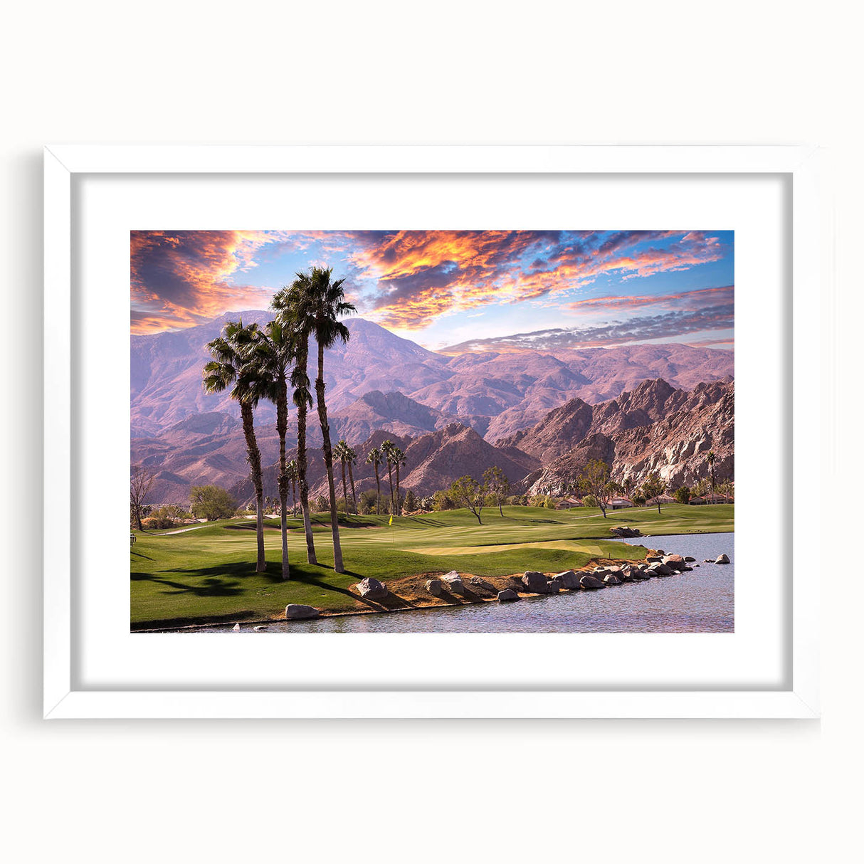 Abstract art print depicting a minimalist Palm Springs landscape in pastel shades on a framed white canvas.