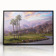 Large abstract wall art depicting Palm Springs with vibrant colors on a framed acrylic, ideal for modern living room decor.