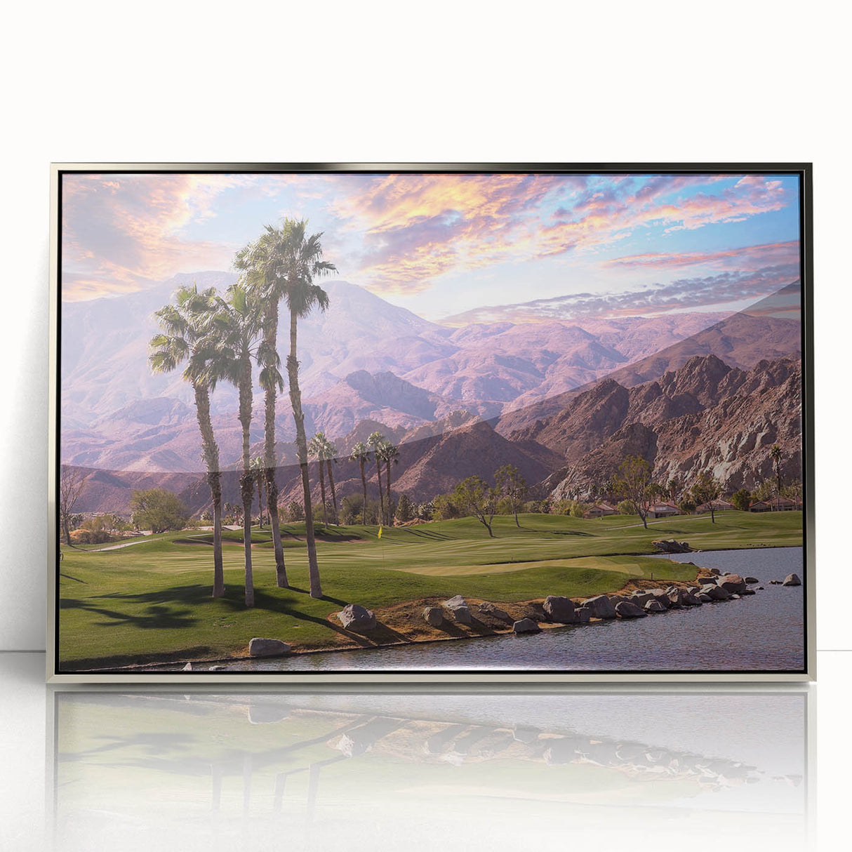 Mid-century modernist art depicting Palm Springs with pastel shades on a silver-framed acrylic print.