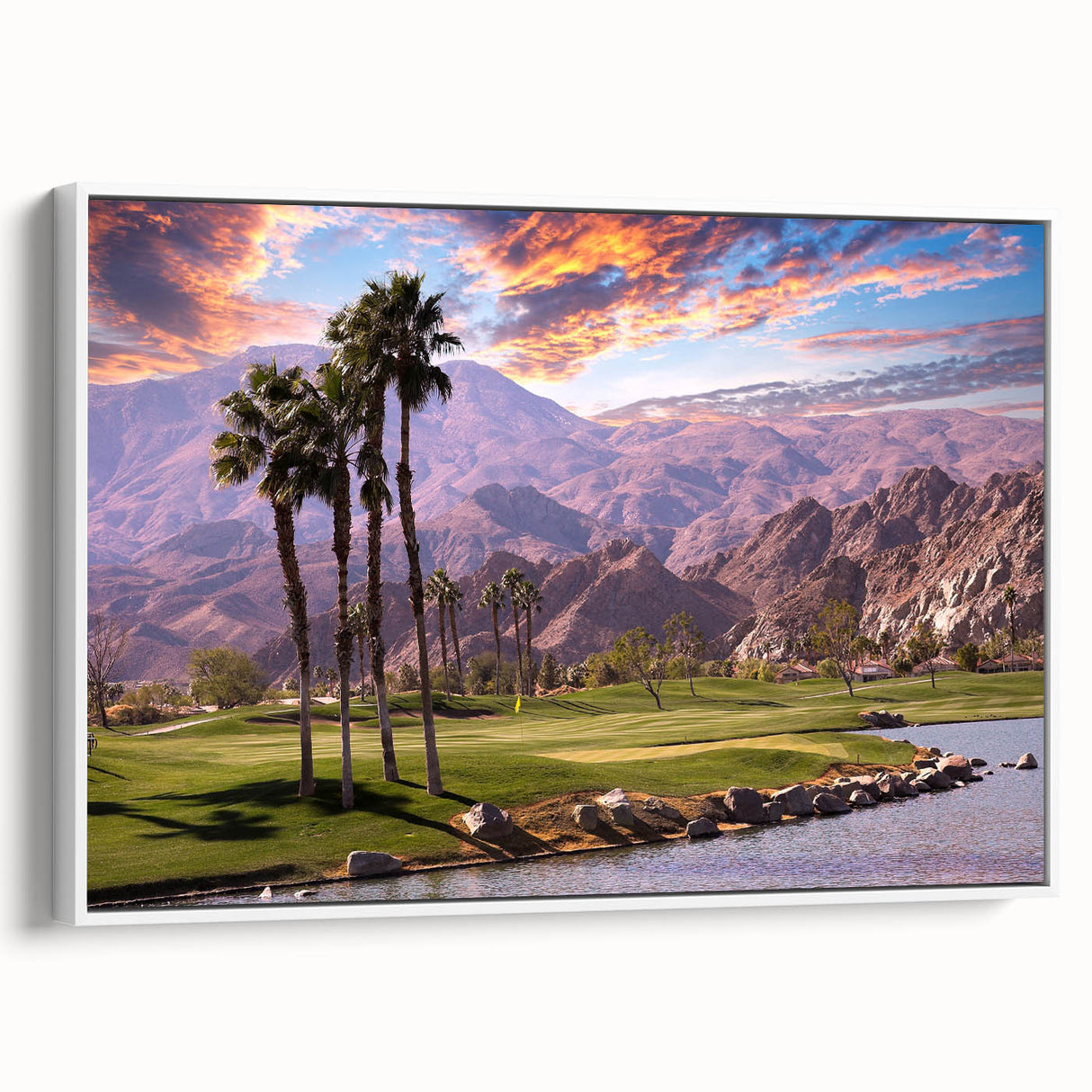 Vintage poster art of Palm Springs with colorful palm trees on framed canvas, ideal for living room decor.