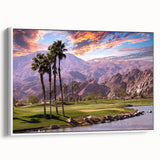 Vintage poster art of Palm Springs with colorful palm trees on framed canvas, ideal for living room decor.