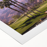 Art deco style poster of Palm Springs with pastel pink and blue tones on rolled canvas, suitable for dining room wall art.