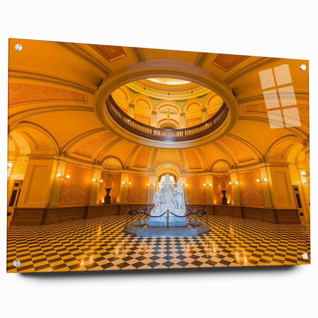Acrylic print of large abstract depiction of Sacramento scenery in muted earth tones.